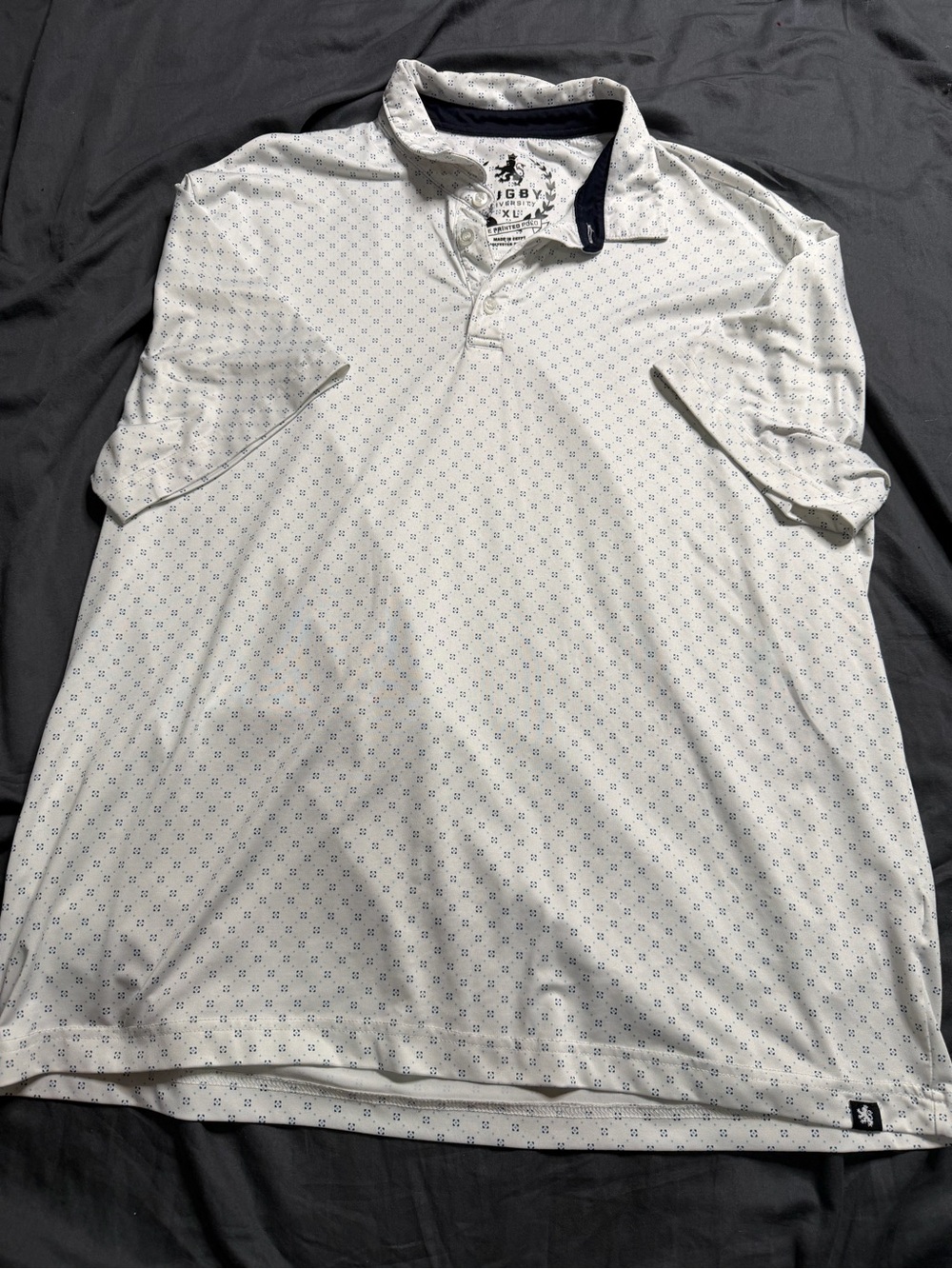 White Micro-Print Polo with Contrast Navy Trim